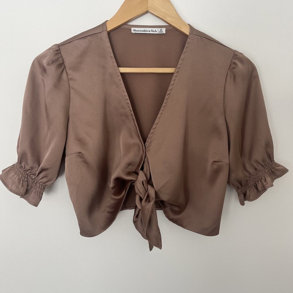 Abercrombie & Fitch Satin Tie Front Puff Sleeve Crop Top XS Brown Coquette Y2K